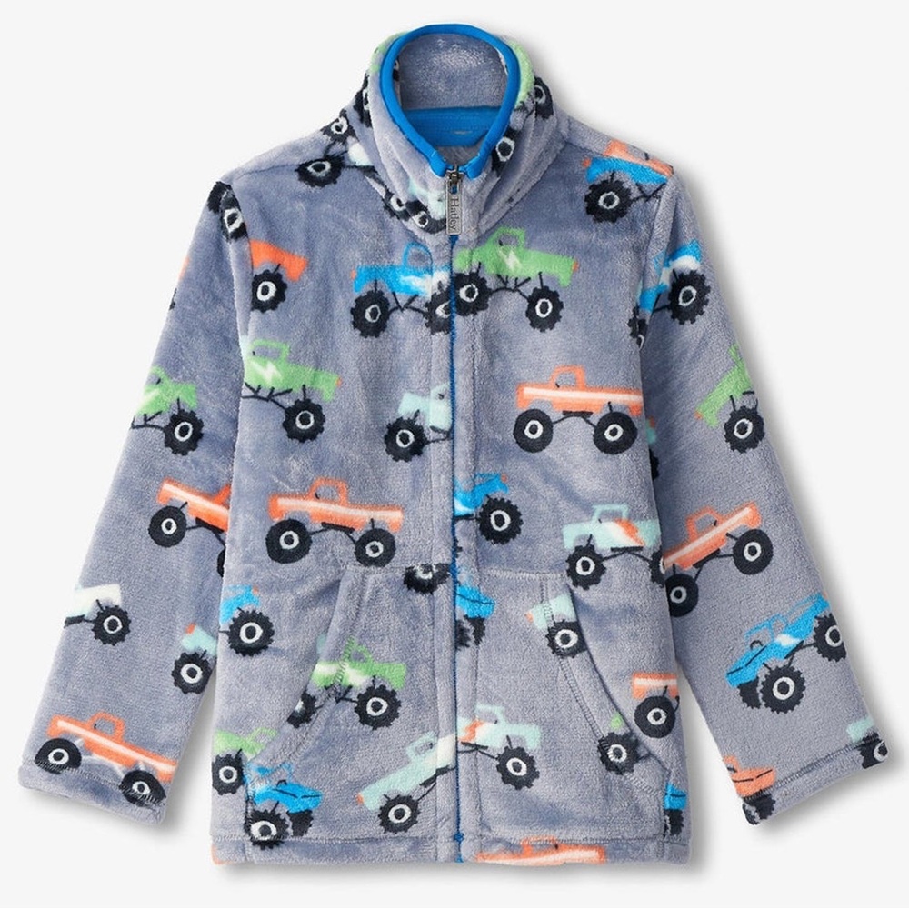 NWT Hatley Monster Trucks Fuzzy Fleece Zip Up Jacket Sweatshirt Gray Boys Sz 8